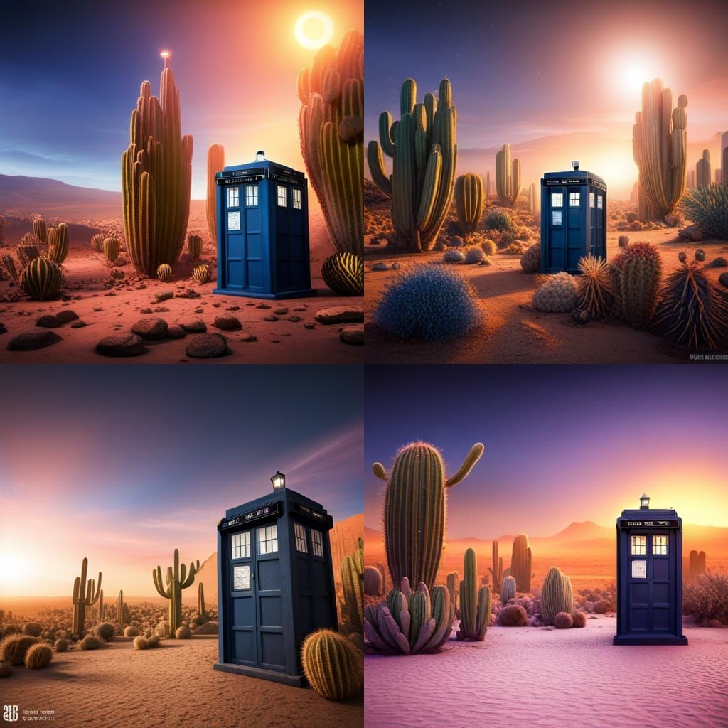 drwho doctorwho The Doctor and the TARDIS in a desert full of cactus AI Generated Artwork