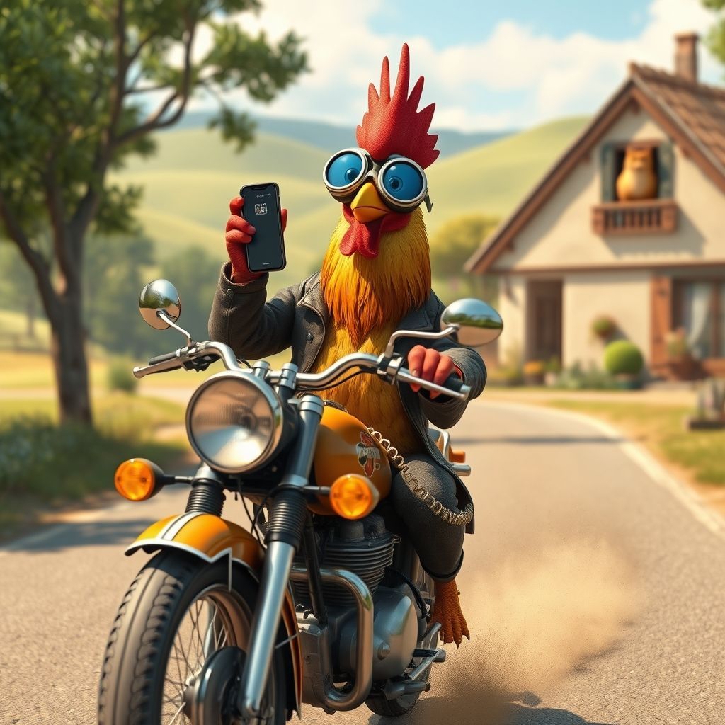 A rooster riding a vintage motorcycle