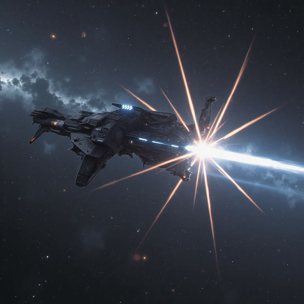 <lora:Predatory Mecha 2:1.0> A spaceship is flying towards a star in space and it is shooting lasers.