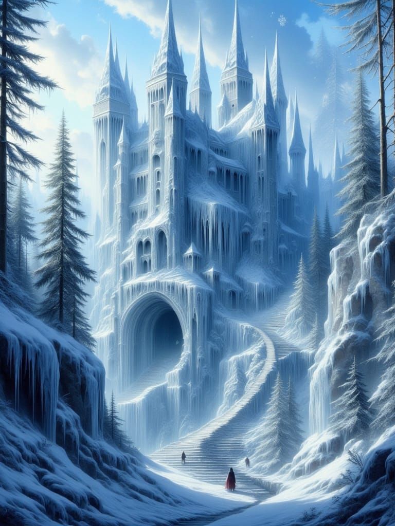 Enchanting Ice Castle in Snow-Covered Forest