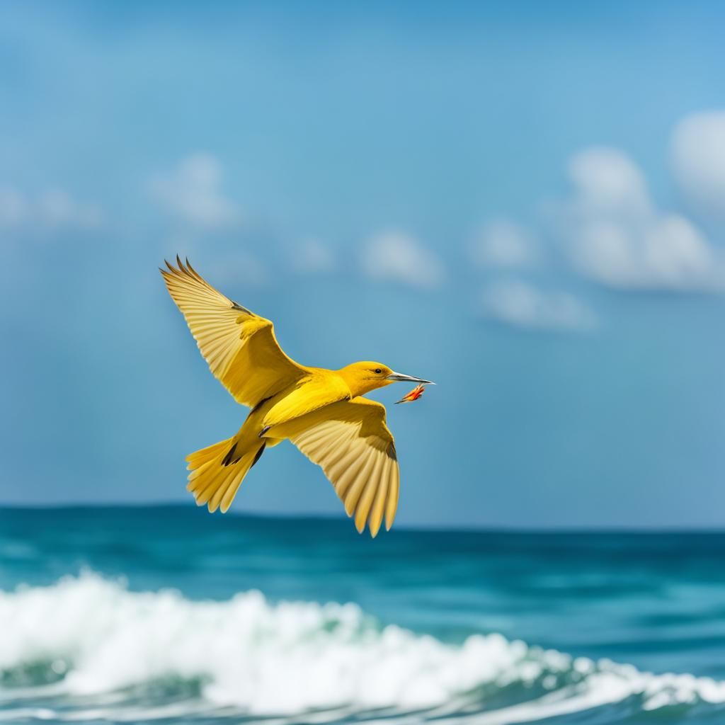 beautiful yellow bird flying over a beautiful ocean