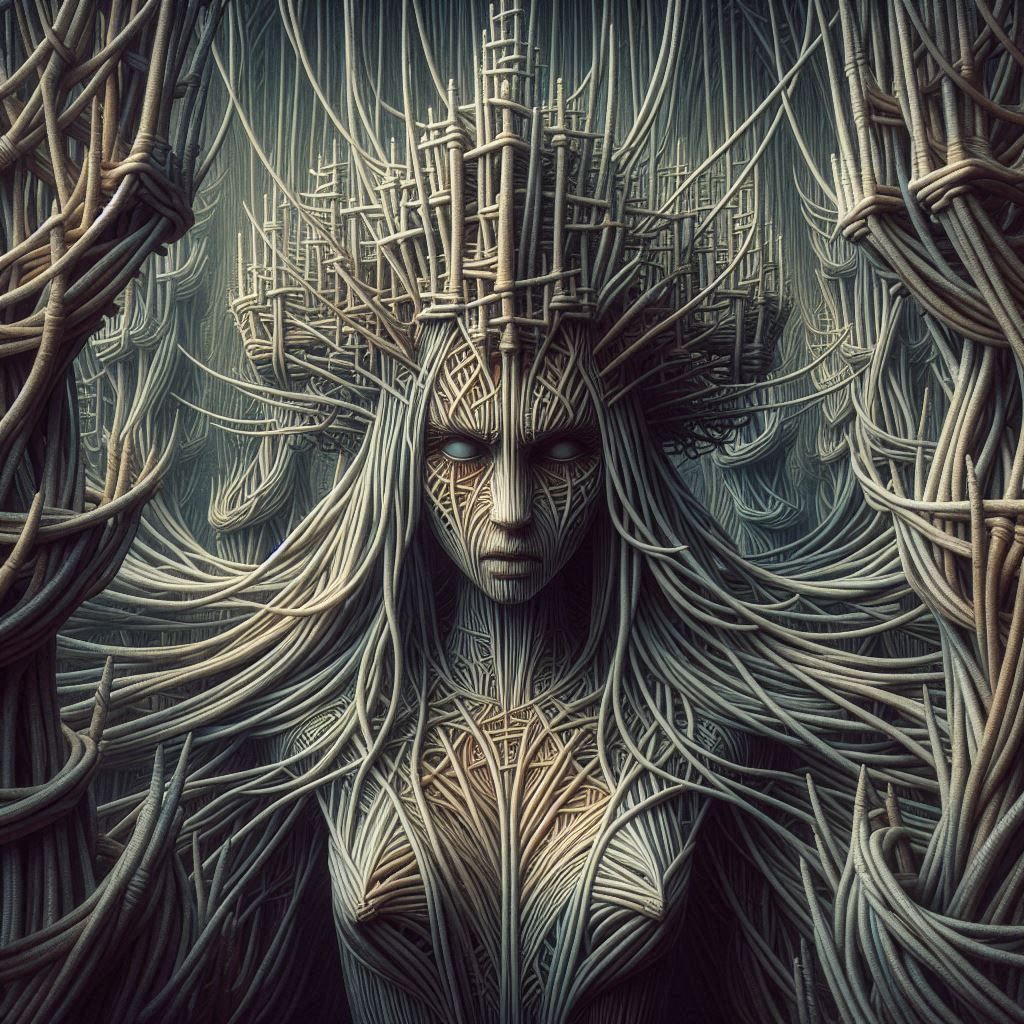 A surreal image of a woman constructed from strings in a hedge maze. The artwork features muted colors and distorted for...