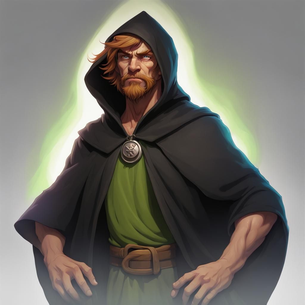 older Shaggy from Scooby Doo as a halfling, wearing a  black...