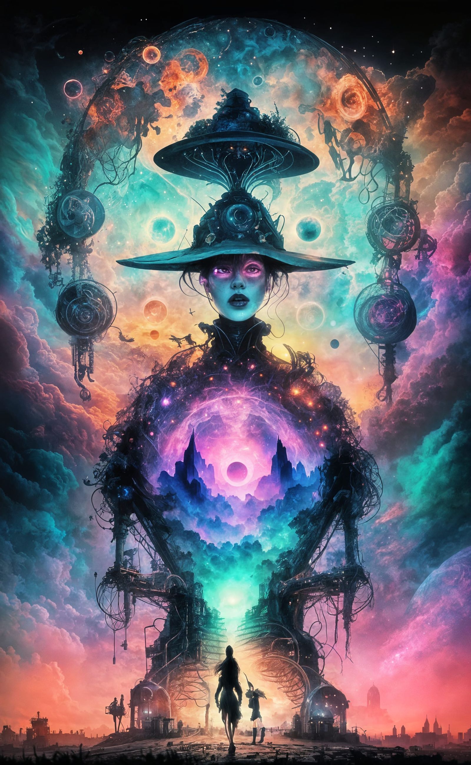 <lora:SURREALCORE-gullyDJ:1.0> Create a double exposure image featuring an witch doctor's silhouette, seamlessly blending with surreal Telfo...