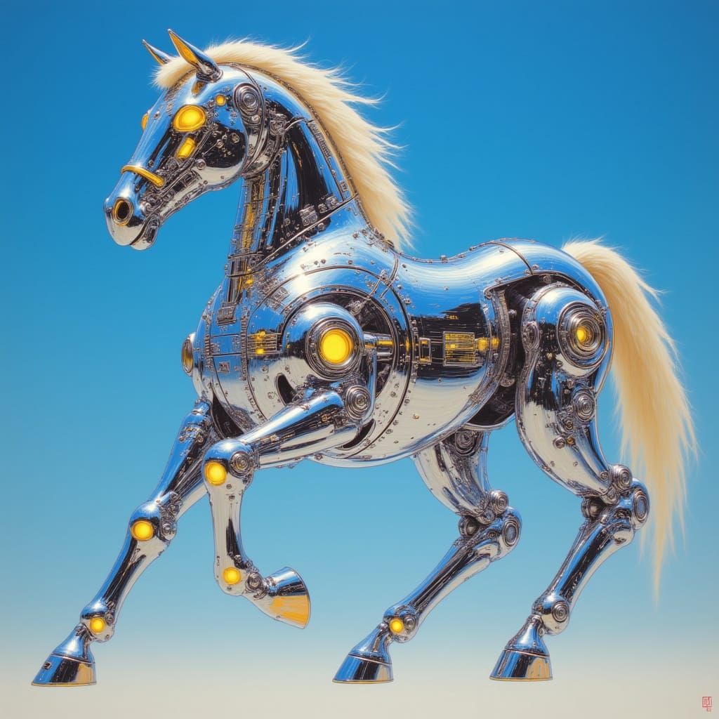 <lora:Fluxayama:1.0> A hyperrealistic horse robot in a galloping pose, designed with sleek, polished chrome body parts that reflect light li...
