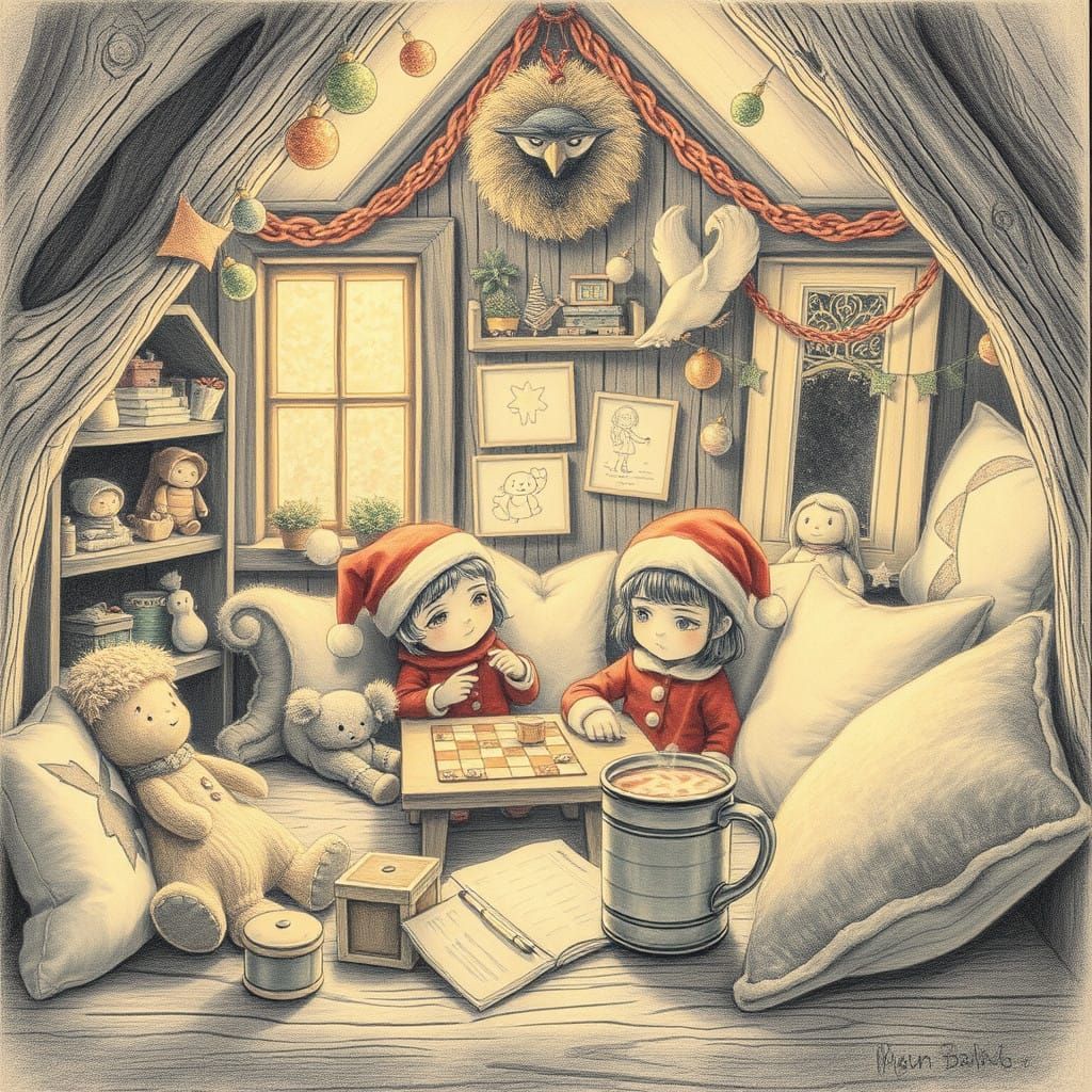 Whimsical Christmas Treehouse Scene in Graphite Pencil Drawi...