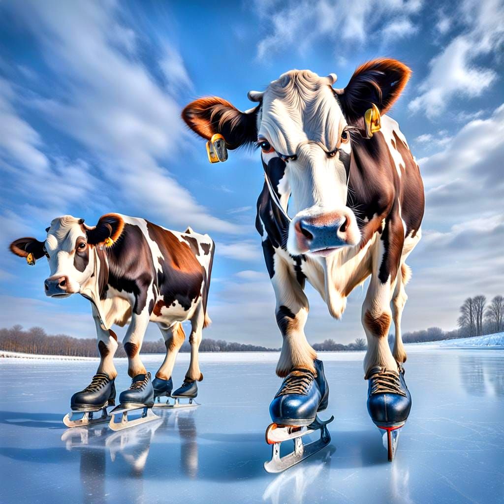 Cows in Ice Skates: Vibrant Winter Wonderland
