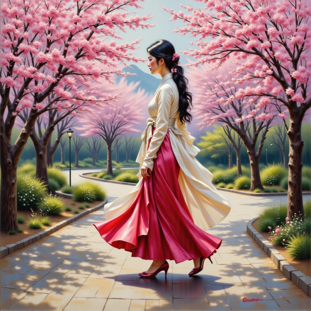 <lora:Asian Women 1-01:1.0> Oil painting of a pretty Asian woman in a flowing hanbok, walking through a blooming cherry blossom park in Seou...