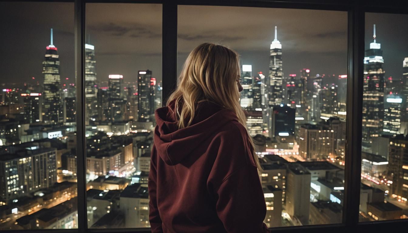 A young woman looking out the window in a rise skyscraper ov...