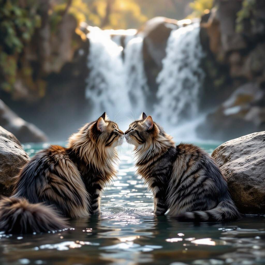 Cats Rubbing Faces by Waterfall in Photorealistic Style