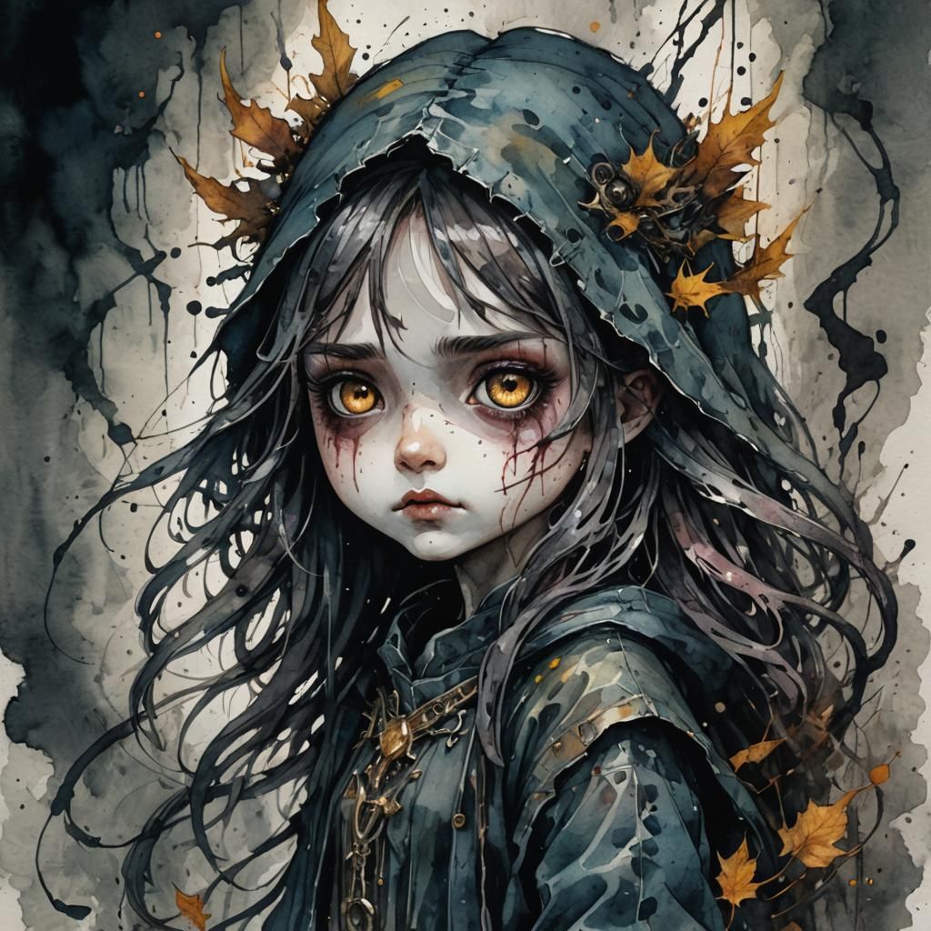Beautiful cute sinister moody watercolour chibi dark ghost, awesome watercolour painting by Waterhouse, ...  by @Aia