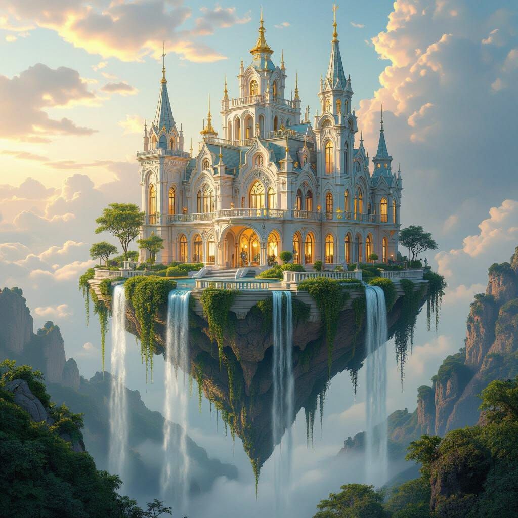 A majestic castle on a floating island.