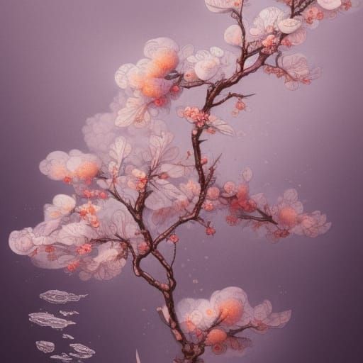 peach tree branch, botanical illustration, white background,...