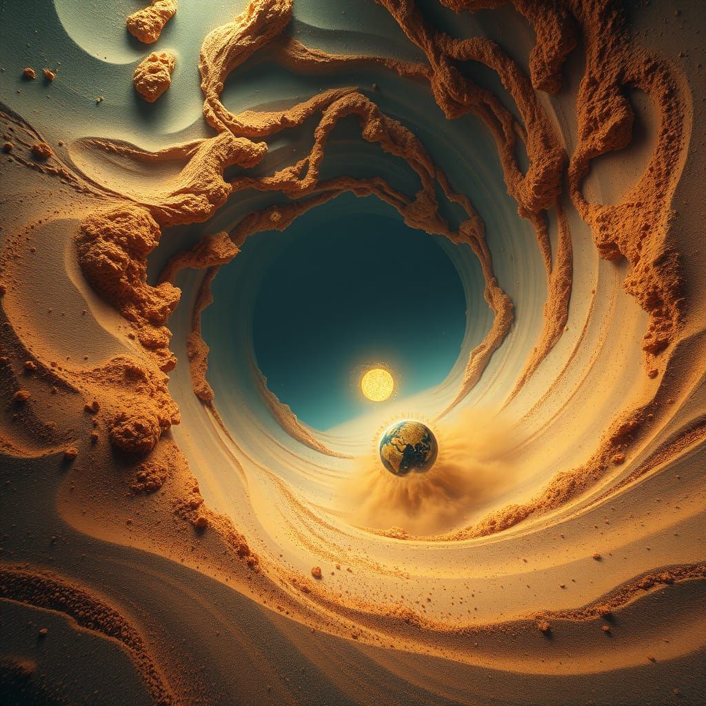 Miniature Worlds in Swirling Sand Vortex