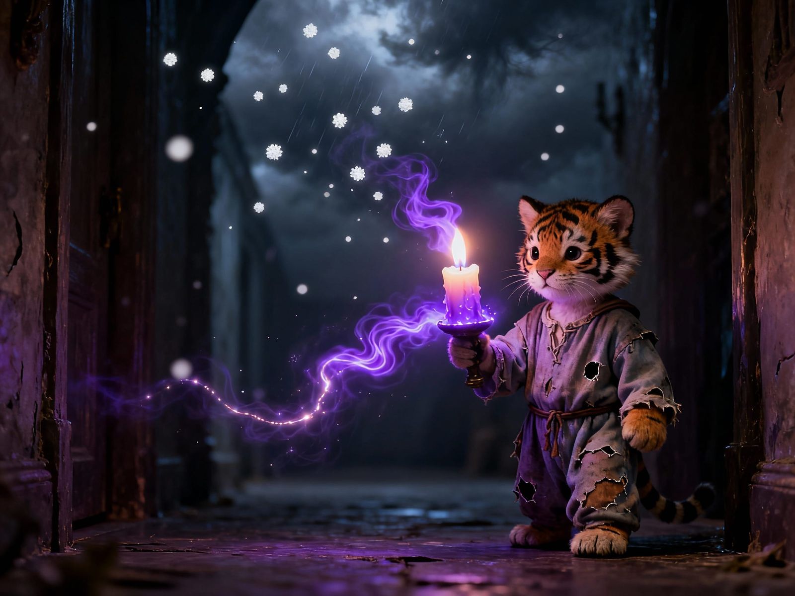 Cute Tiger Peasant with Magical Candle in Dark Hallway