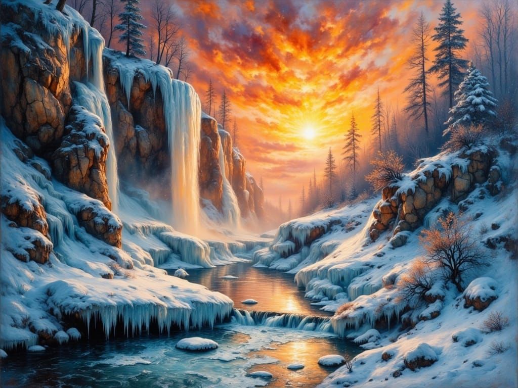 Ethereal Frozen Waterfall in Sunset Glow as Impasto Painting