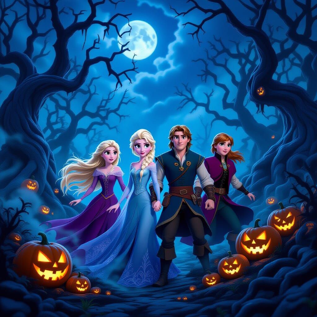 A scary Halloween scene with the characters from tangled and frozen 