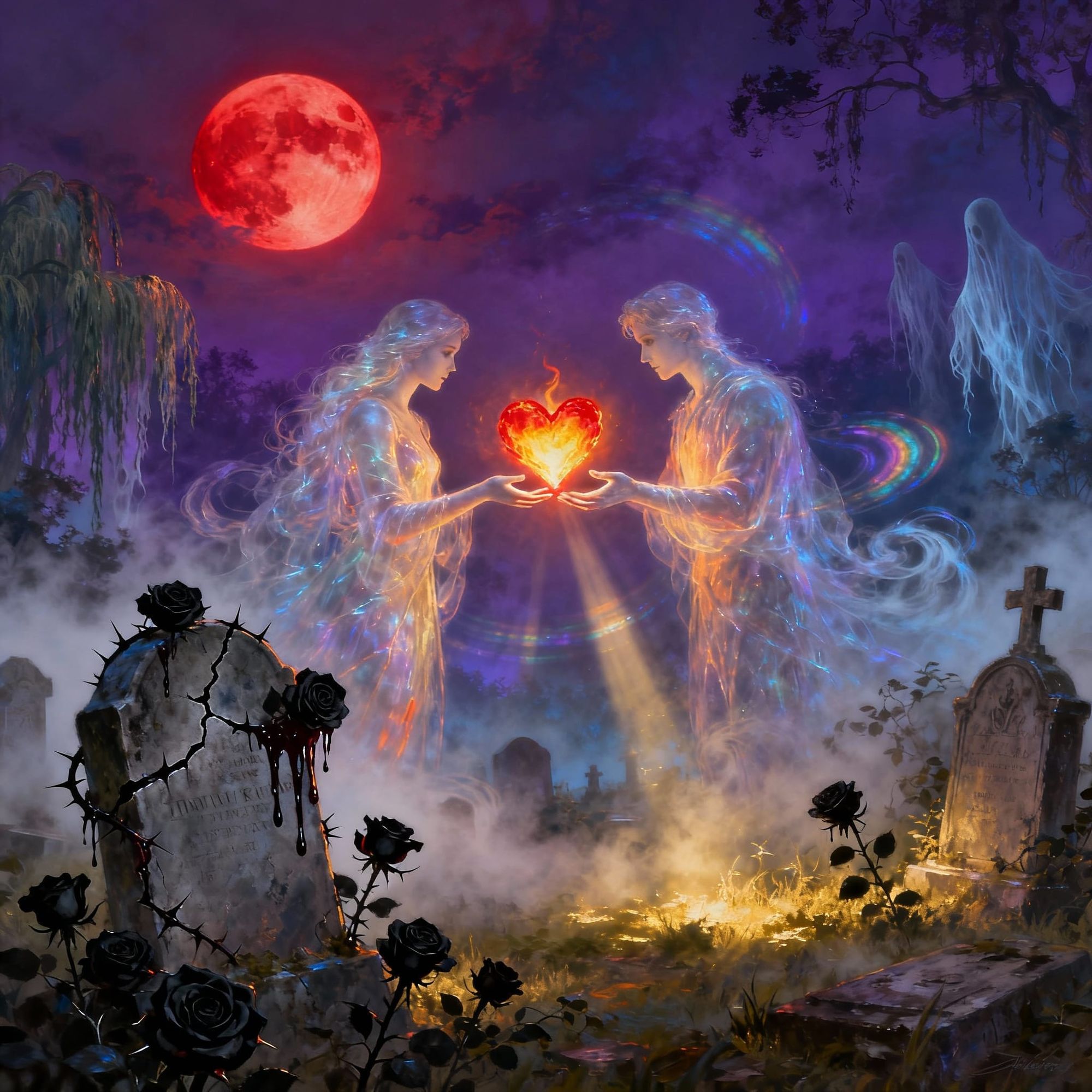 Two ghostly lovers reunite in an old graveyard under a blood-red moon. Between their hands floats a flickering heart-shaped flame — both ten...