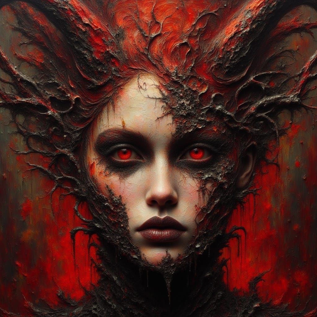 <lora:Impax v2:1.0>oil impasto close portrait of a face of a scary beautiful demonic princess in a  space of fire s  , horned , by Sarah Moo...