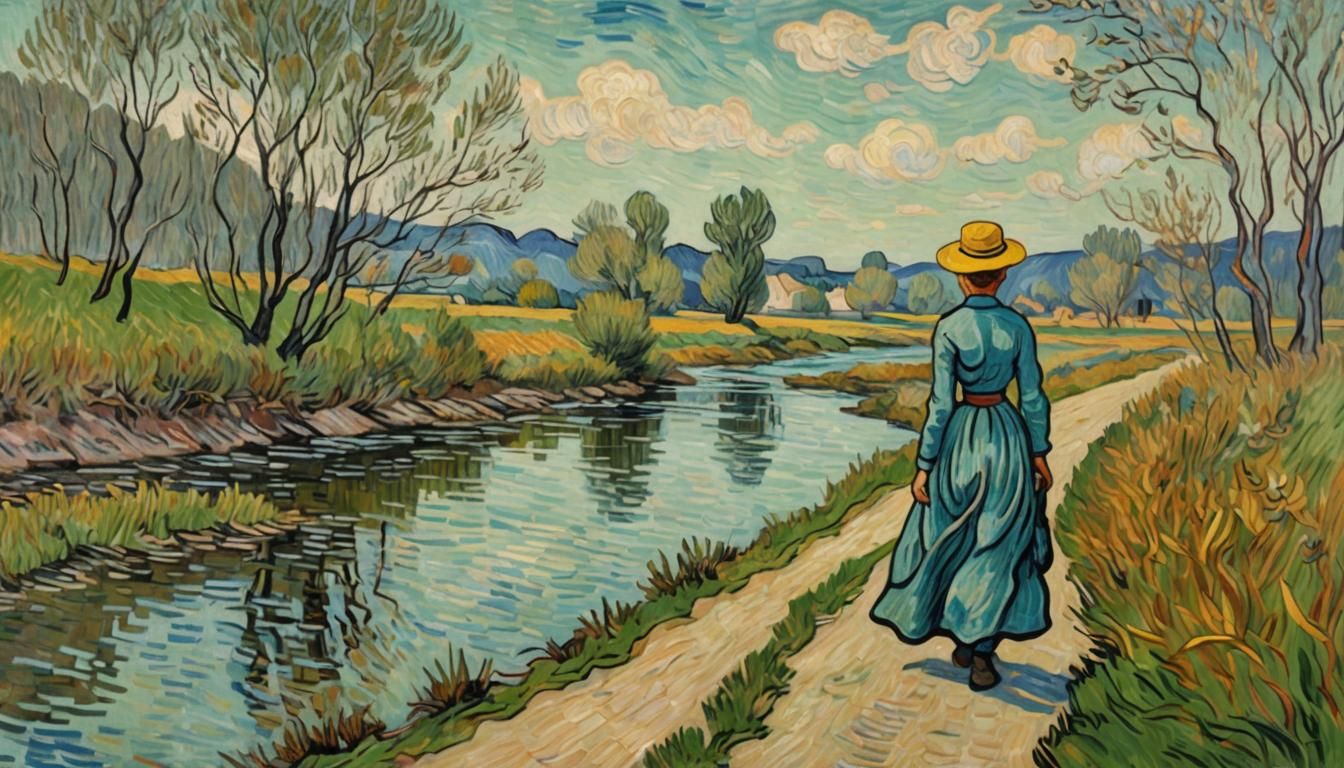 A woman walking Exactement au bord de la riviere. Style of V...