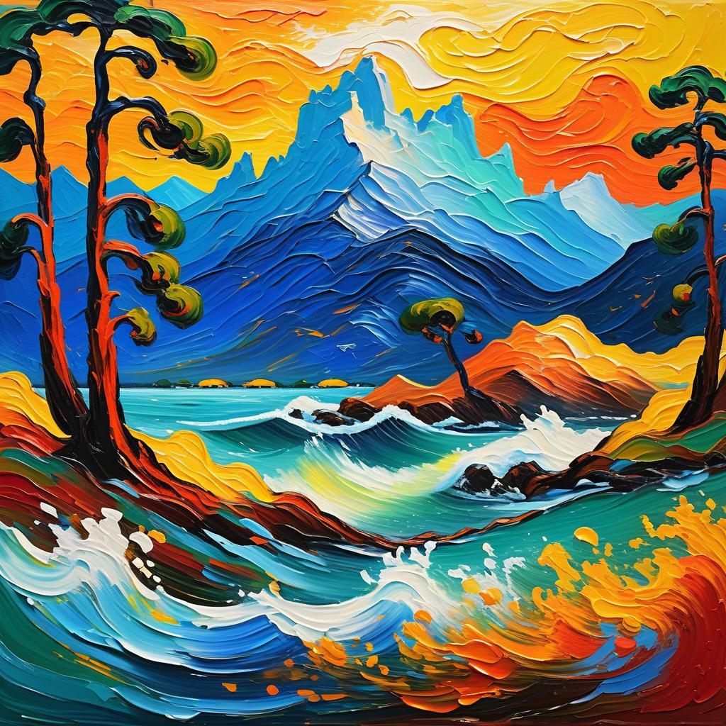 person painting landscapes, vibrant colors, fantasy book themes, mountains in background, sea waves, dynamic movement, abstract style, synes...