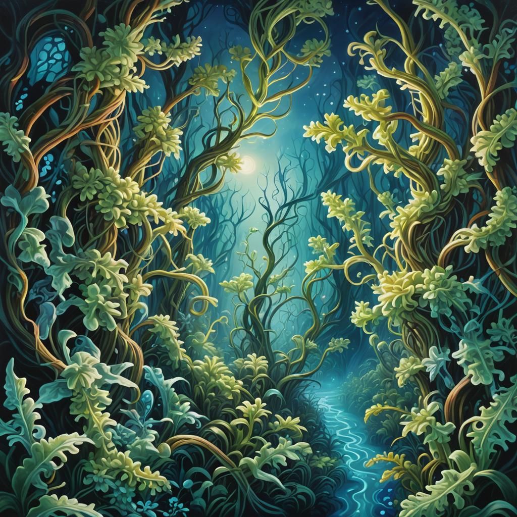 Bioluminescent Maze: A Surreal Oil Painting