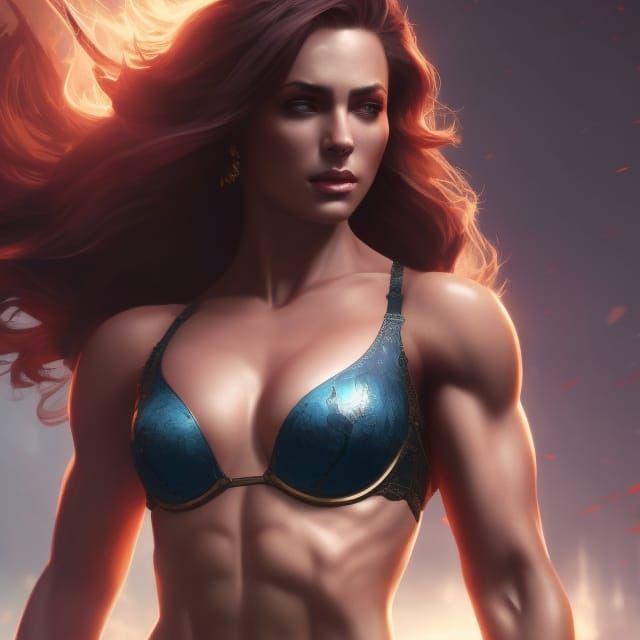beautiful muscular girl with large bust, wearing bra exposin...