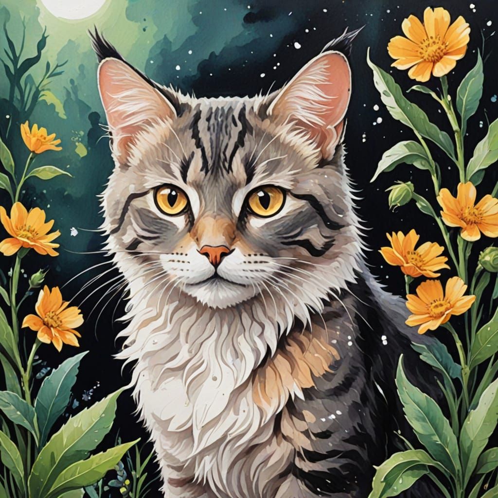 Colorful Cats and Owls in a Vibrant Floral Scene