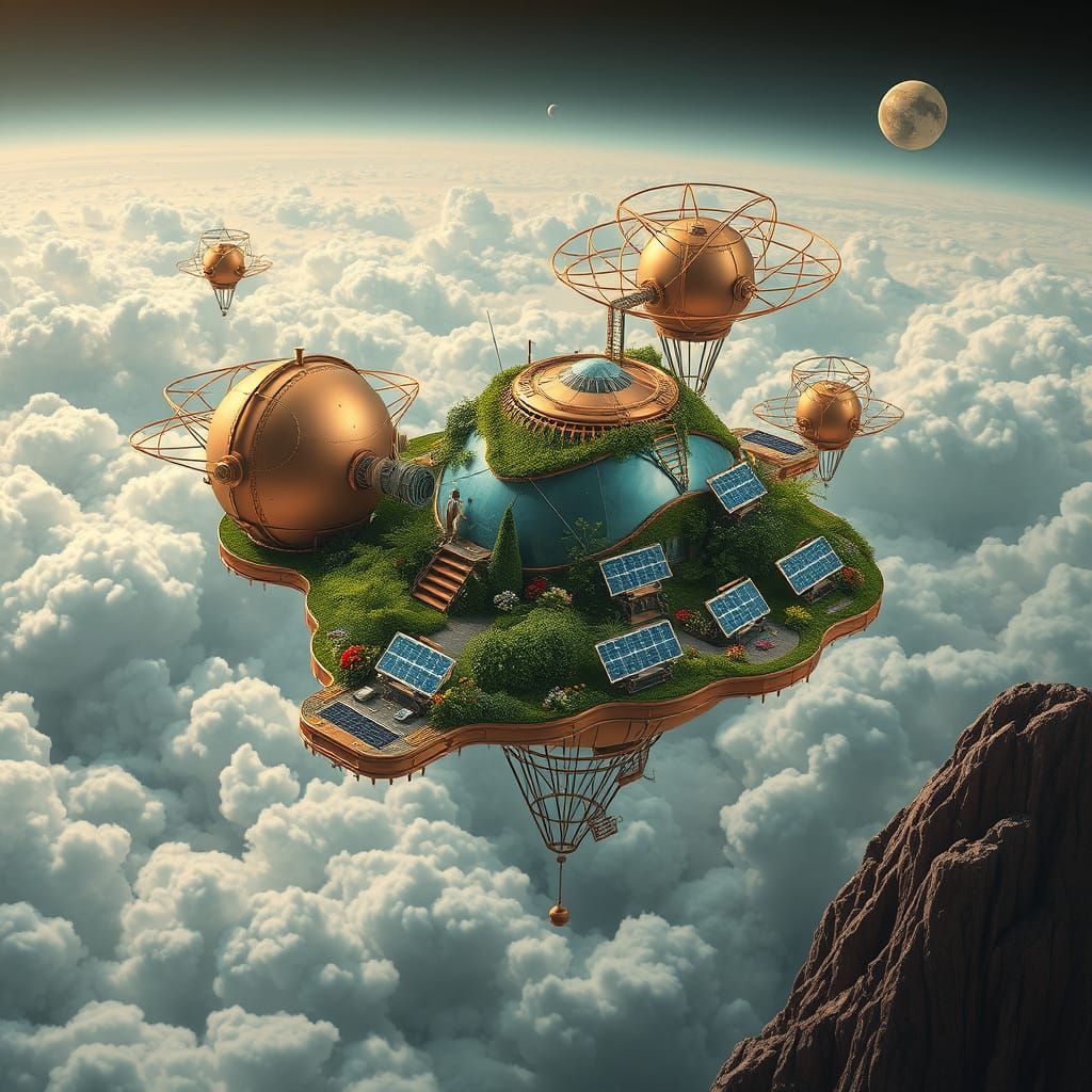 A solar punk settlement floating in Venus atmosphere.  by @TJOmalley