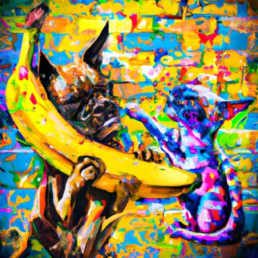 dog  and cat fighting over a banana