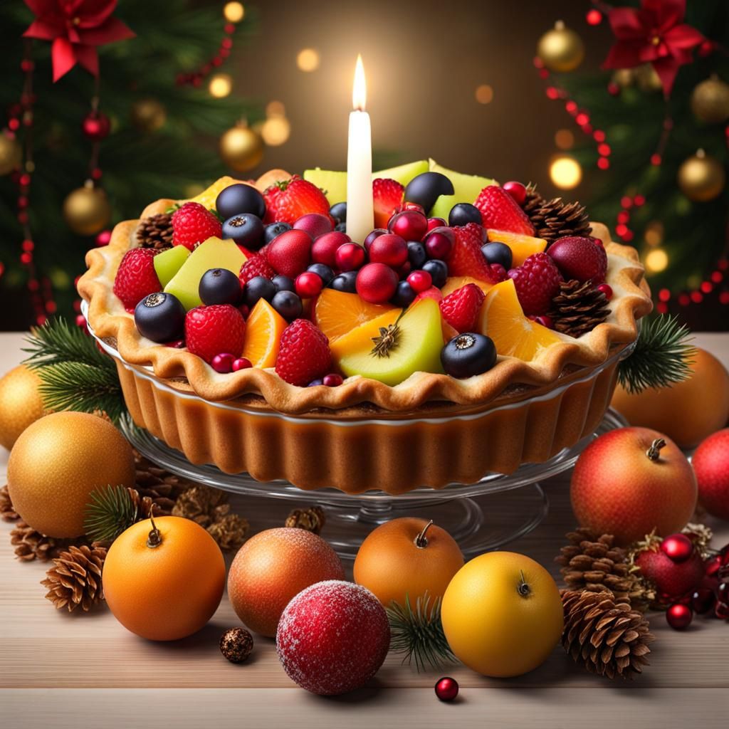 Hyperrealistic a delicious fruits pie, on an christmas table...