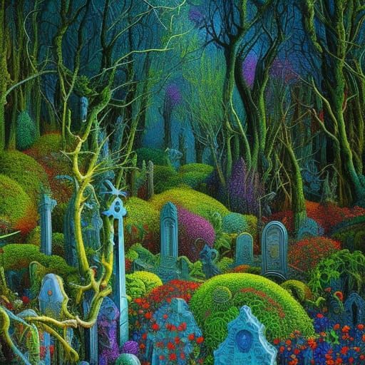 Cemetery in a lush forest