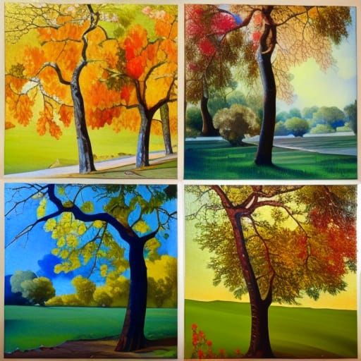image split in four squares : oak in spring, sunny morning w...