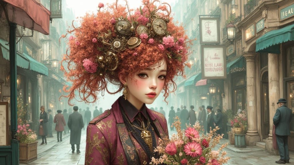 Pen and ink sketch. A whimsical flower seller with an elaborate, gravity-defying chestnut hairstyle adorned with tiny gears and clockwork me...