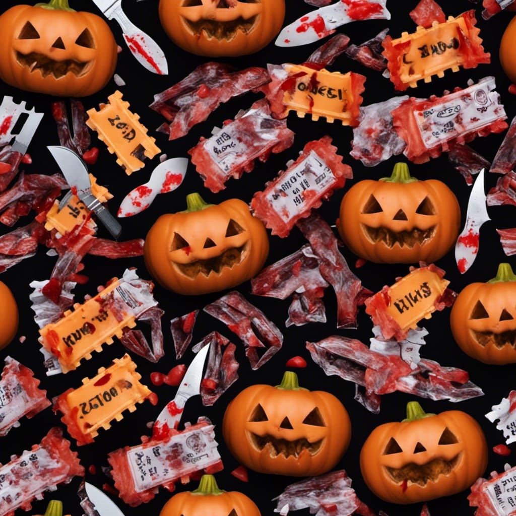 Jagged Halloween candy in pumpkin bag with razor blades knives poison