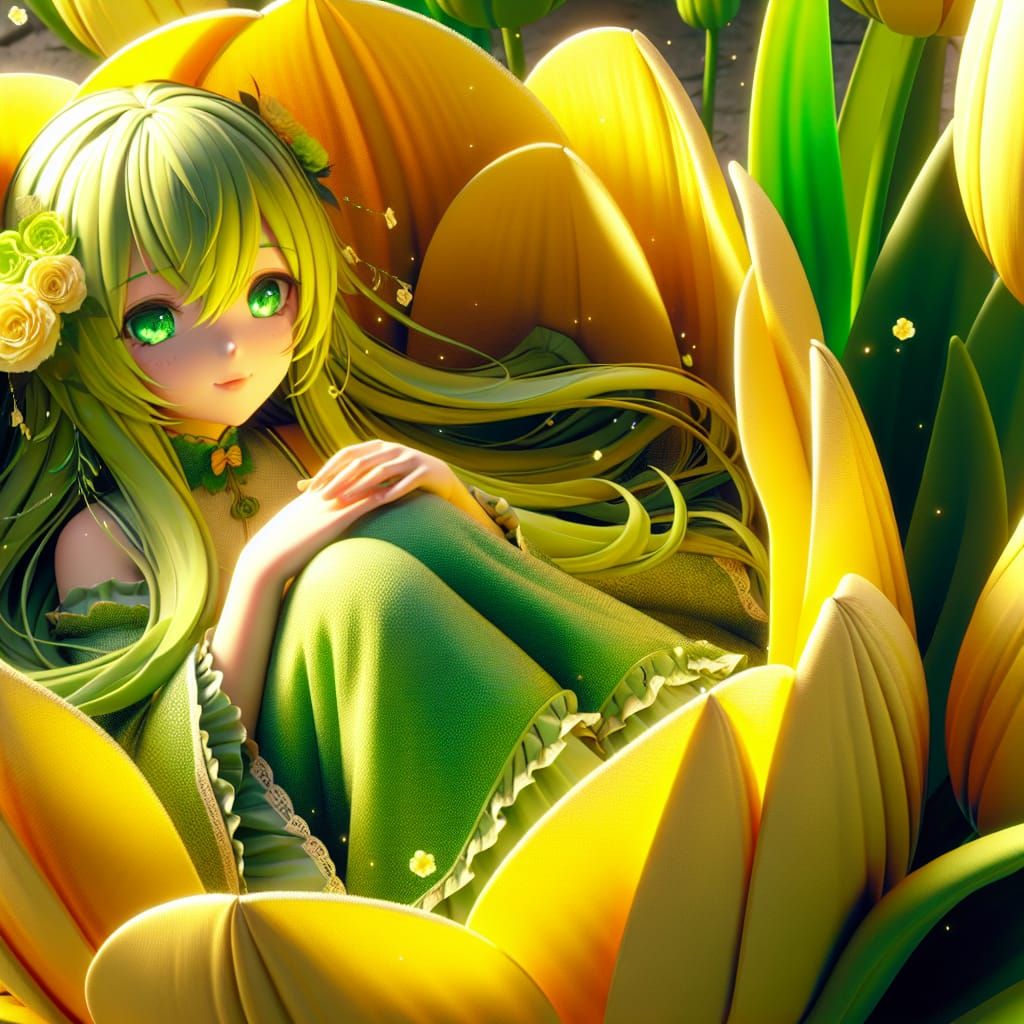 Anime girl with long lime green hair and bright green eyes i...