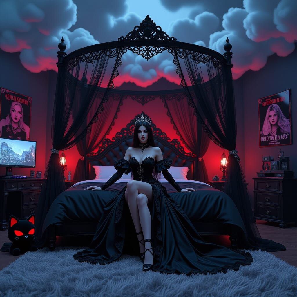 Gothic Princess in Dark Mystical Bedroom, Digital Art