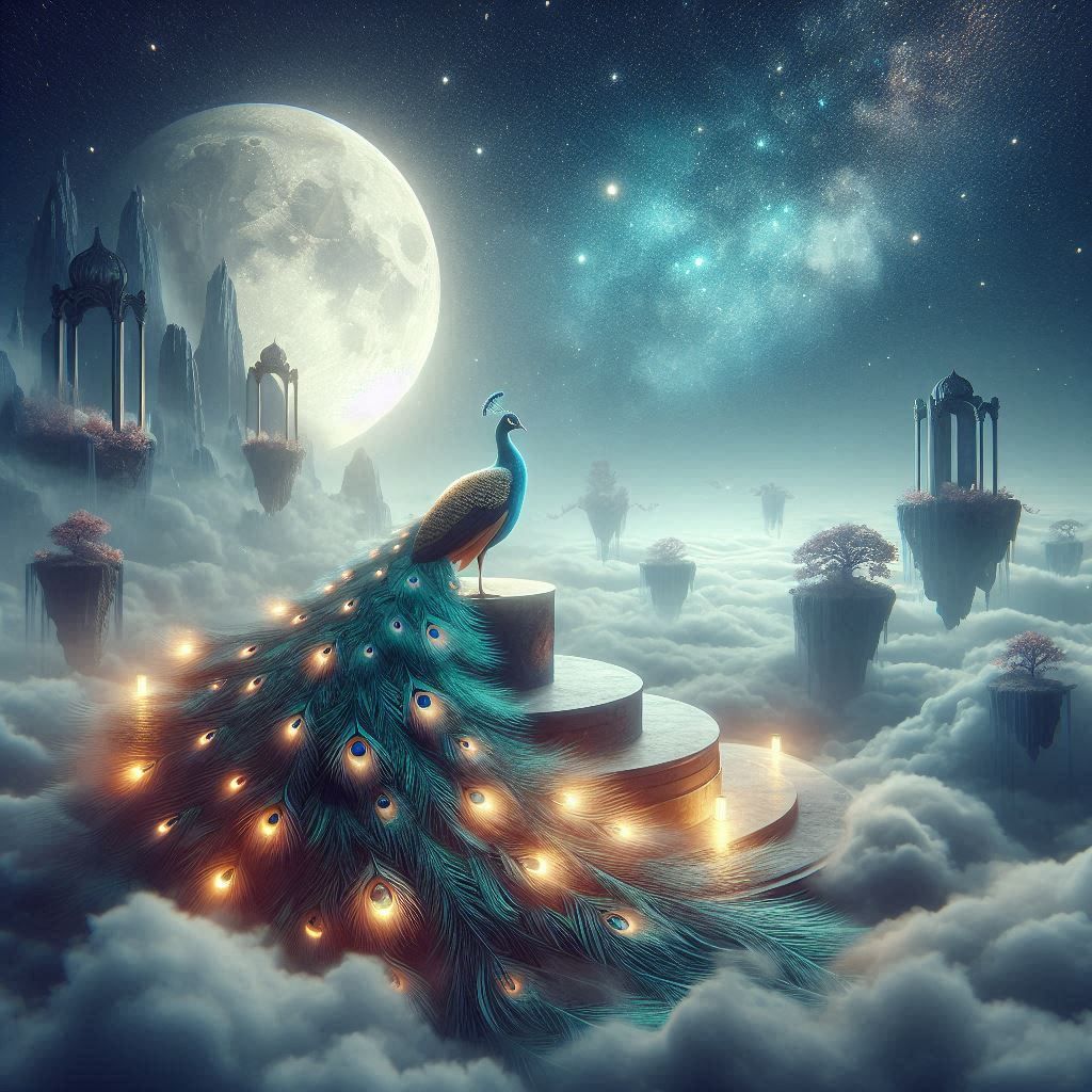 FANTASY Pfau mit Leuchtgefieder in einer außerirdischen Land...