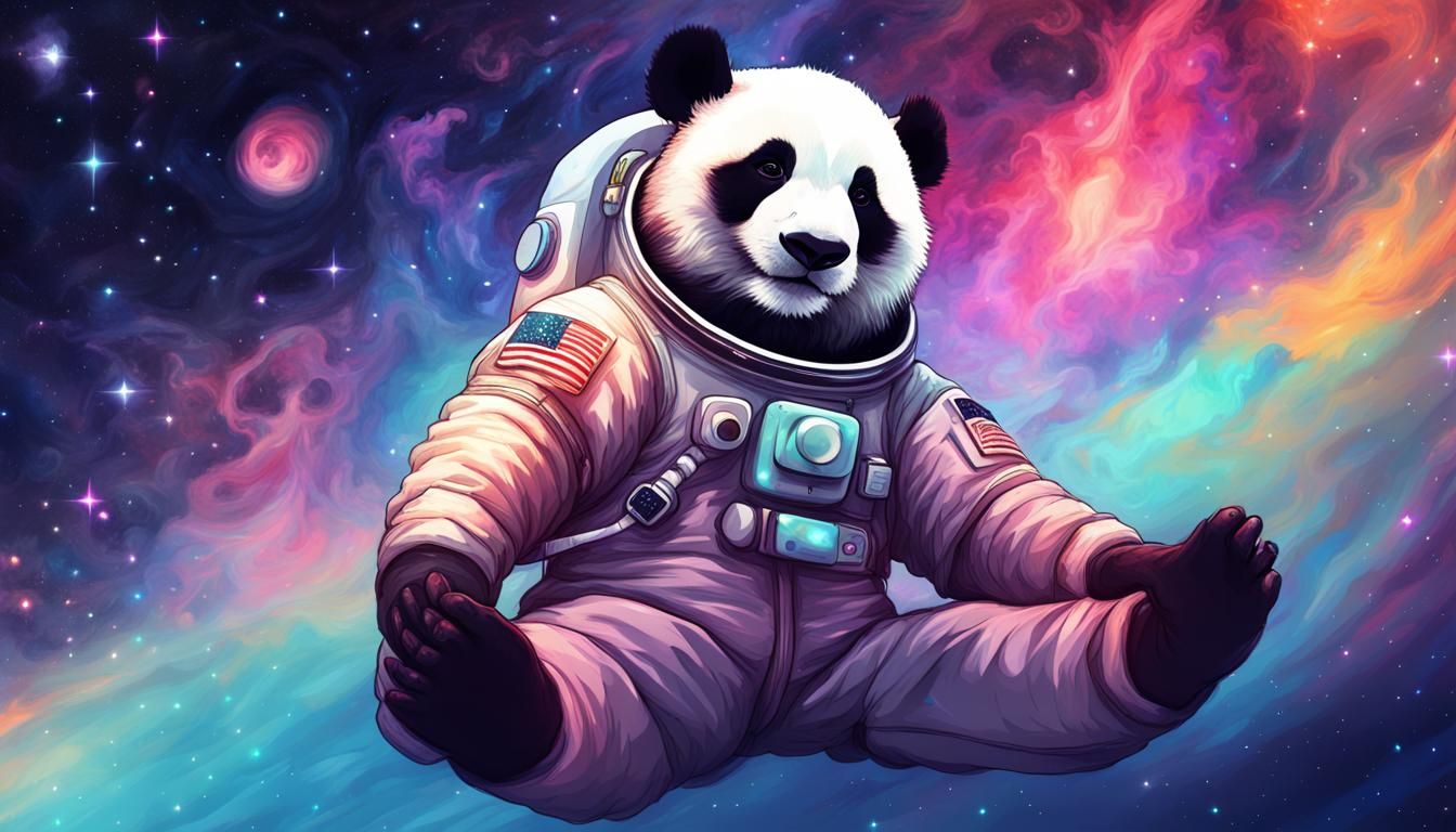 A serene panda bear astronaut, full body in view, lying on i...