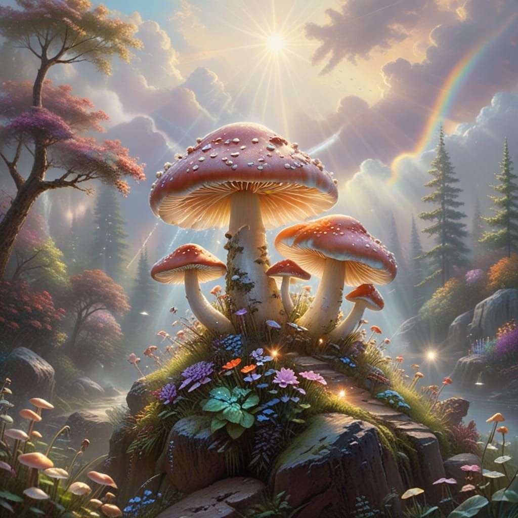 Mushrooms : land space + small + cute, pretty + basic, simple + still life + shiny, right + pastel colored ...  by @Joo