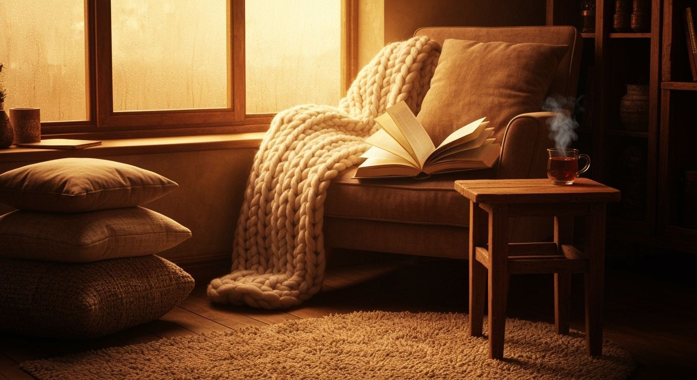 Cozy reading nook, warm golden ambient light, soft layered textiles (chunky knit throw, velvet cushions), ...  by @SKIMART
