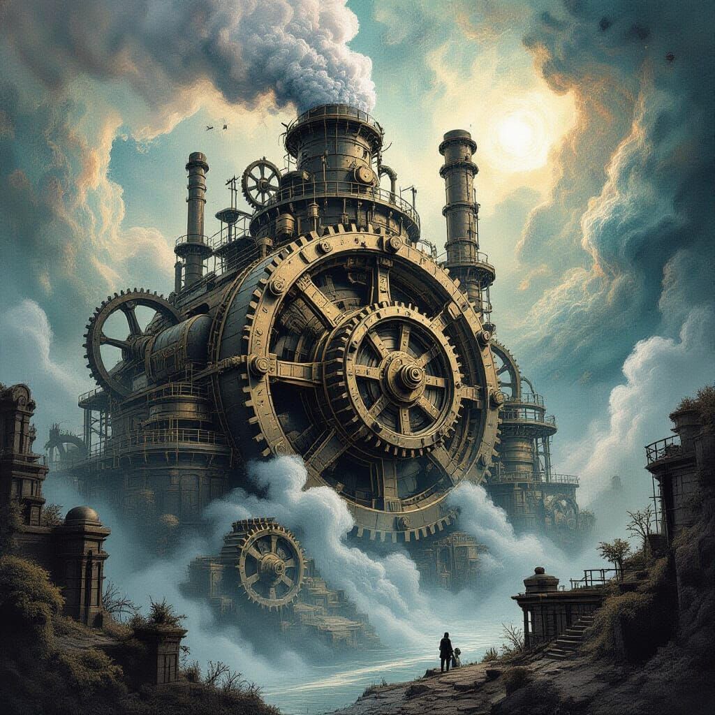 A colossal, ancient factory, half-submerged in a swirling, dreamlike nebula, with massive gears and pipes overgrown with bioluminescent flor...