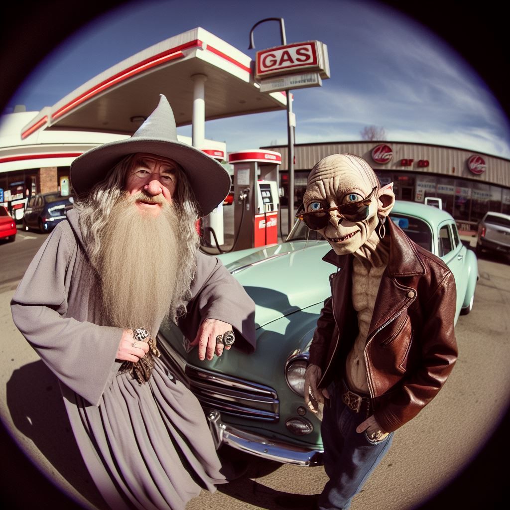 Gandalf and Gollum at a gas station