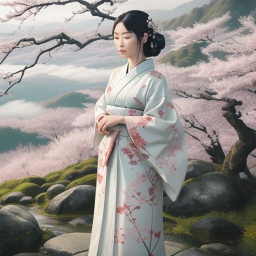 Woman in Kimono on Misty Mountain Peak at Sunrise