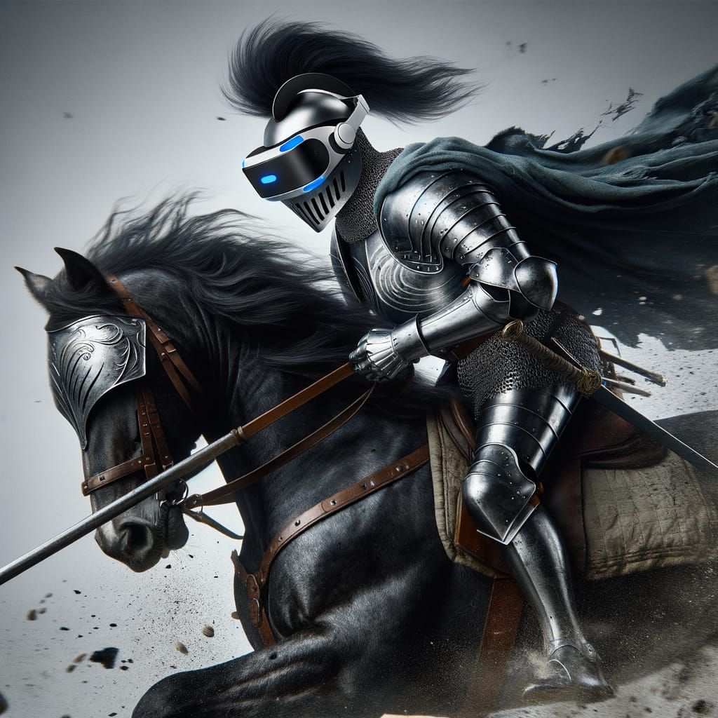 Medieval Knight in Futuristic VR Goggles Galloping