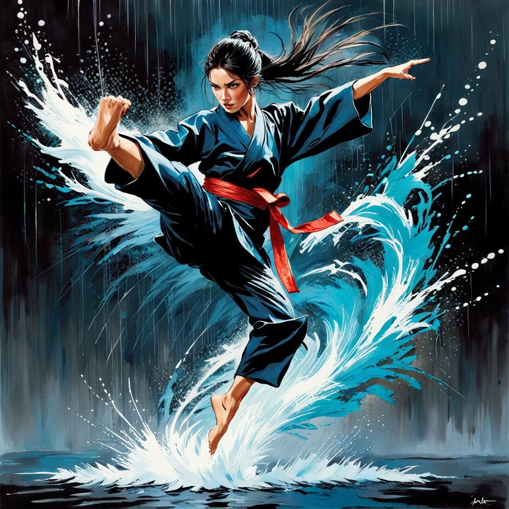 Female fighter performing a jumping high kick