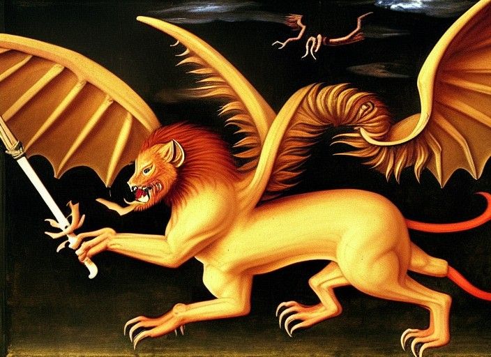 Bloody Manticore with bat wings Renaissance painting