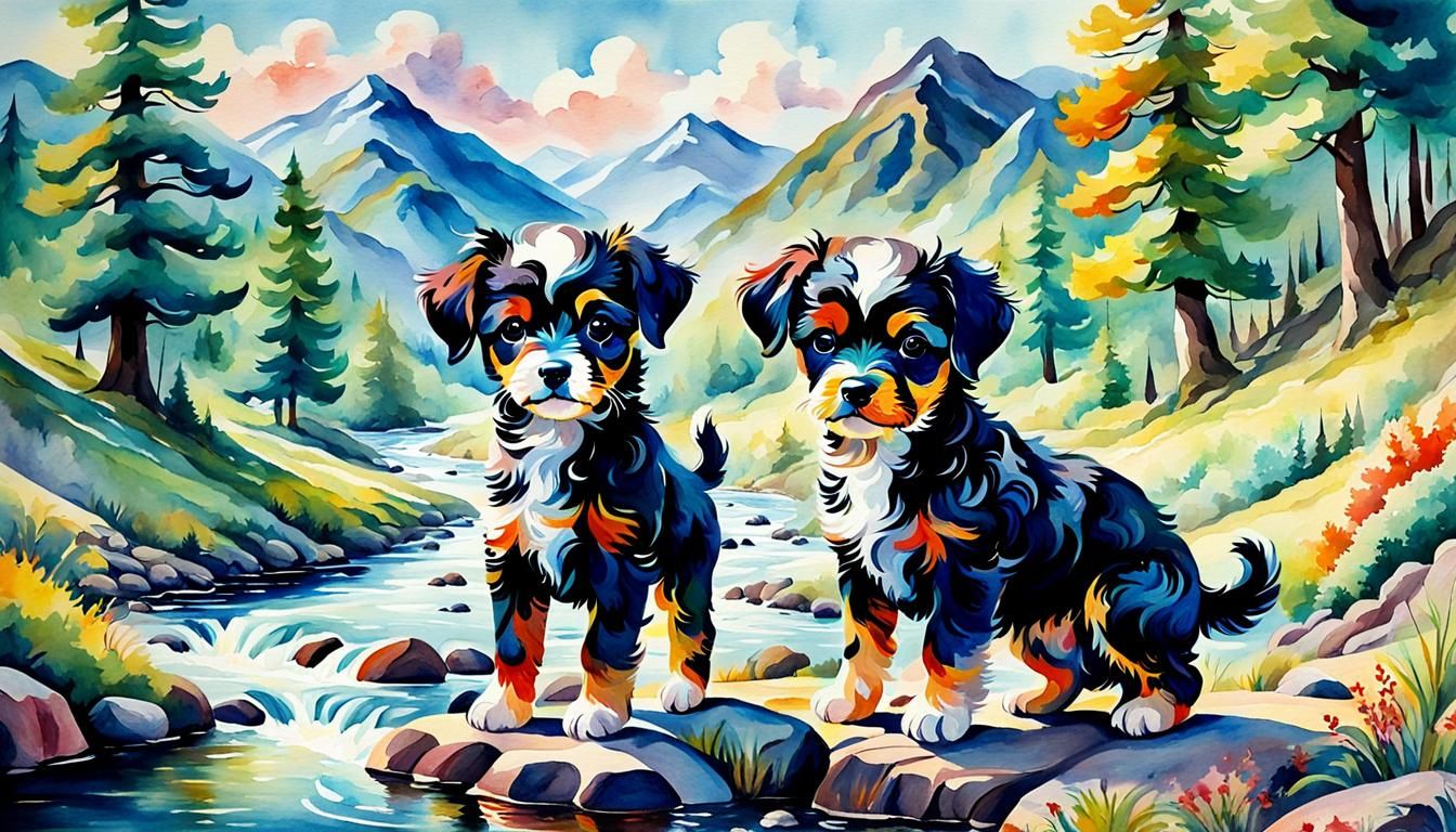 Paint a patterpoo puppy in a mountainous landscape with lots of trees ...