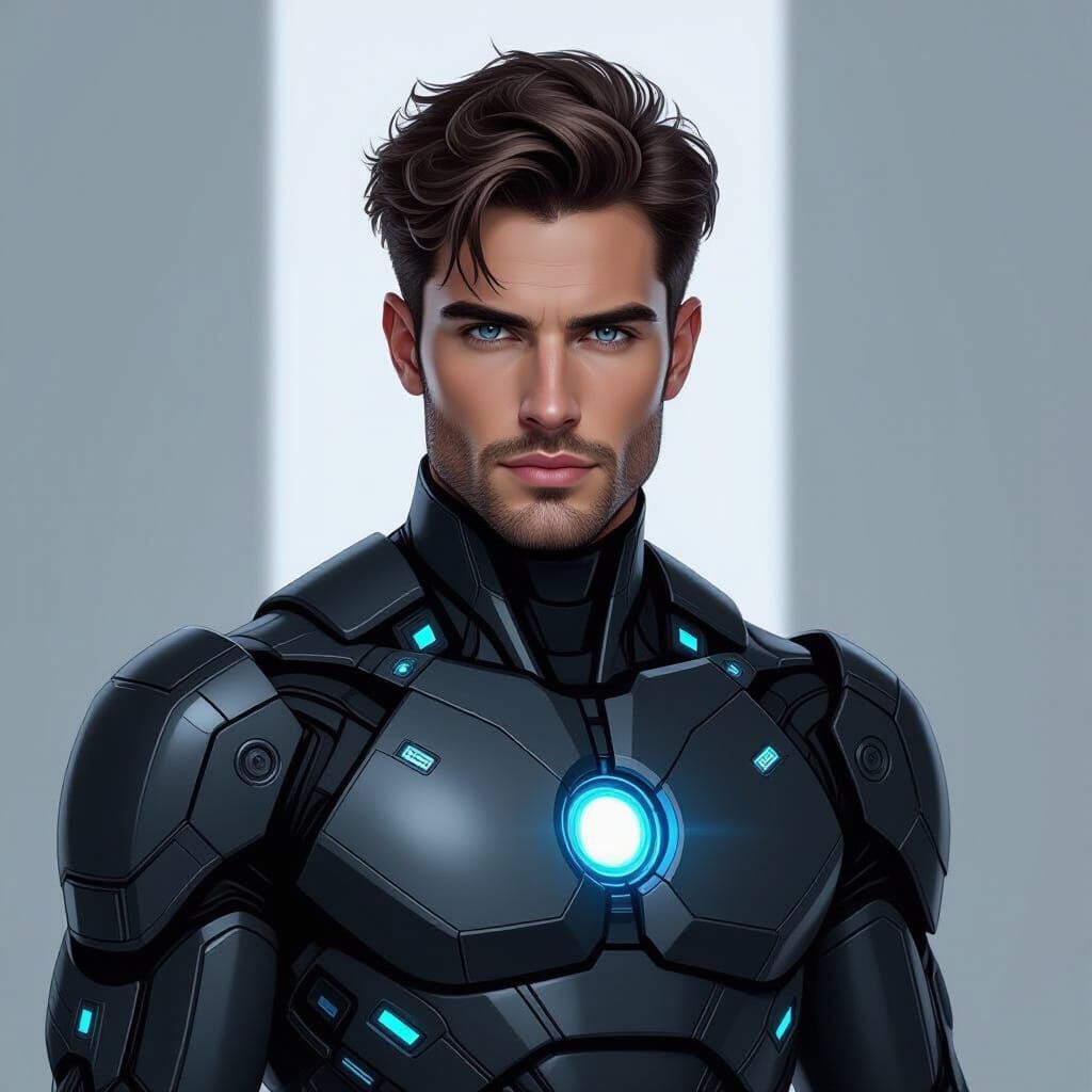 Give me some good art with a brown haired man one eye blue one green in a black robotic Suit with a blue circle in the middle of the robotic...