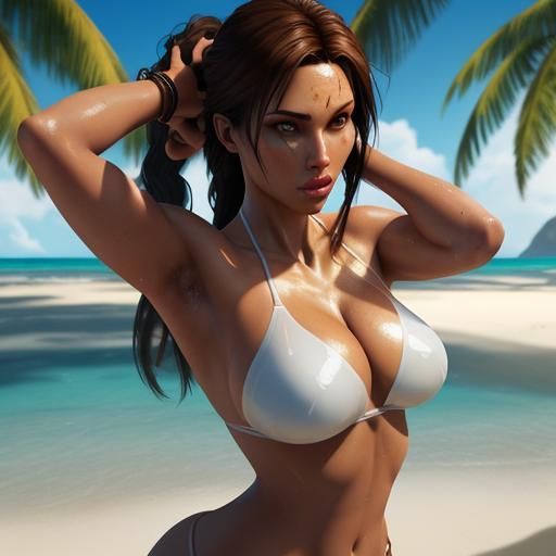 well-endowed Lara Croft in translucent white mico-mini bikin...